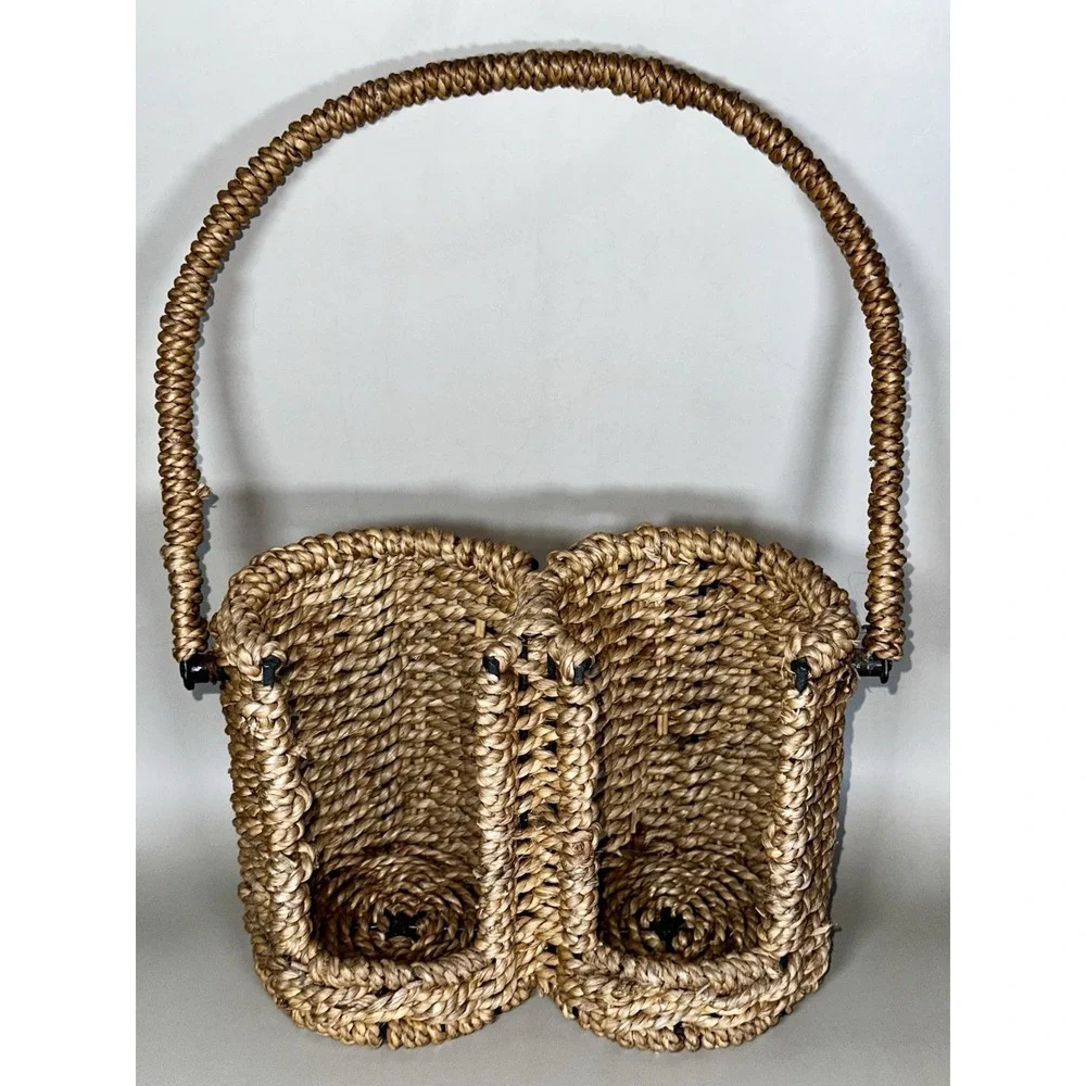 Natural Fiber Woven 2 Bottle Wine Carrier Tote Rustic Seagrass Caddy Gift Basket